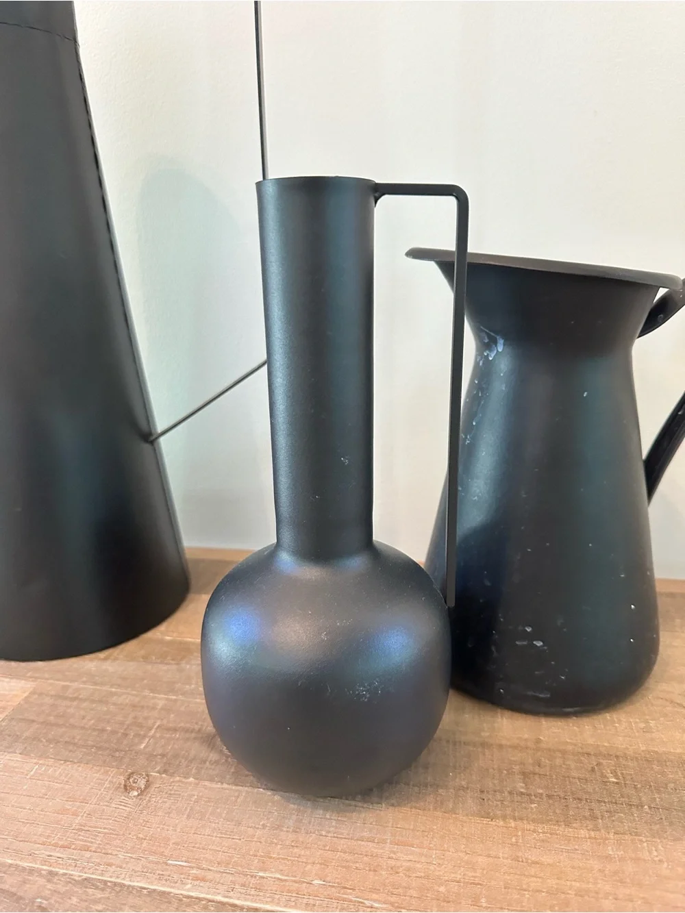 Black Matte Decorative Vases & Pitcher Set of 3 Powder Coated Iron Metal 9 - 16”